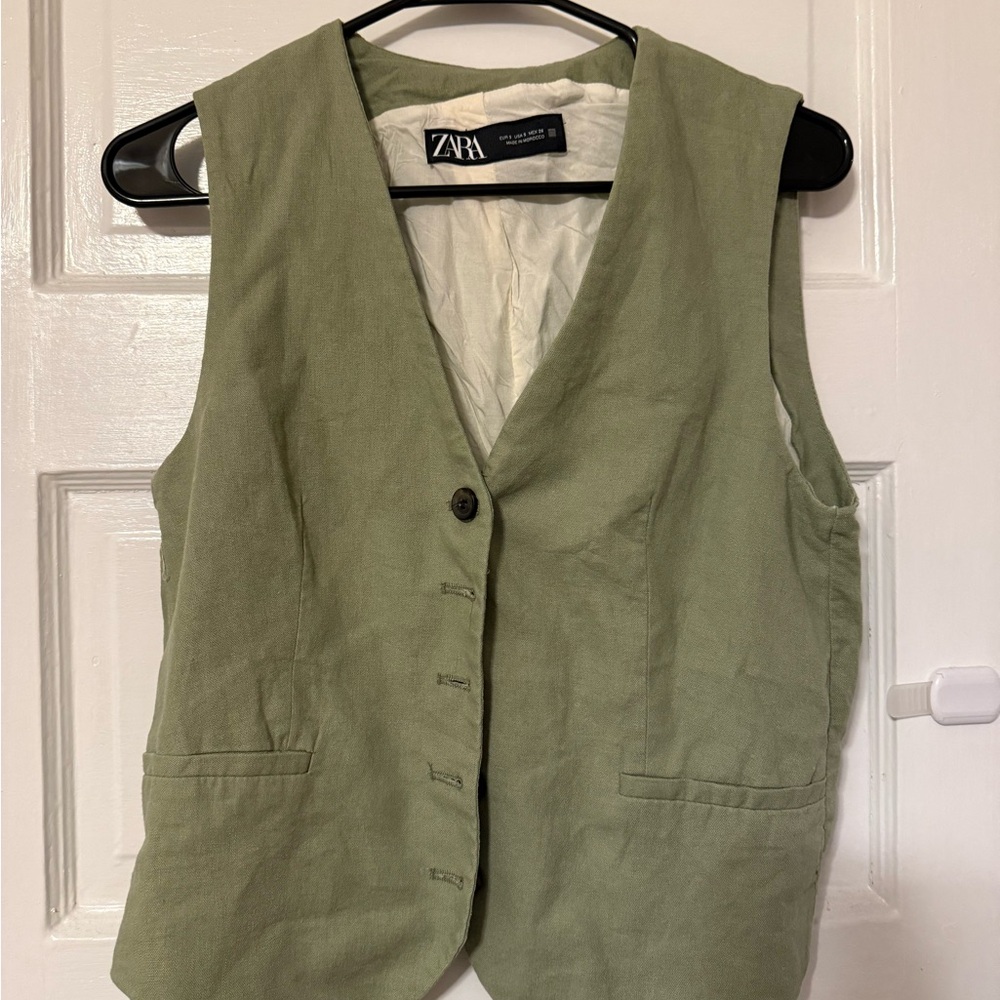 Zara Khaki Linen Green Outerwear